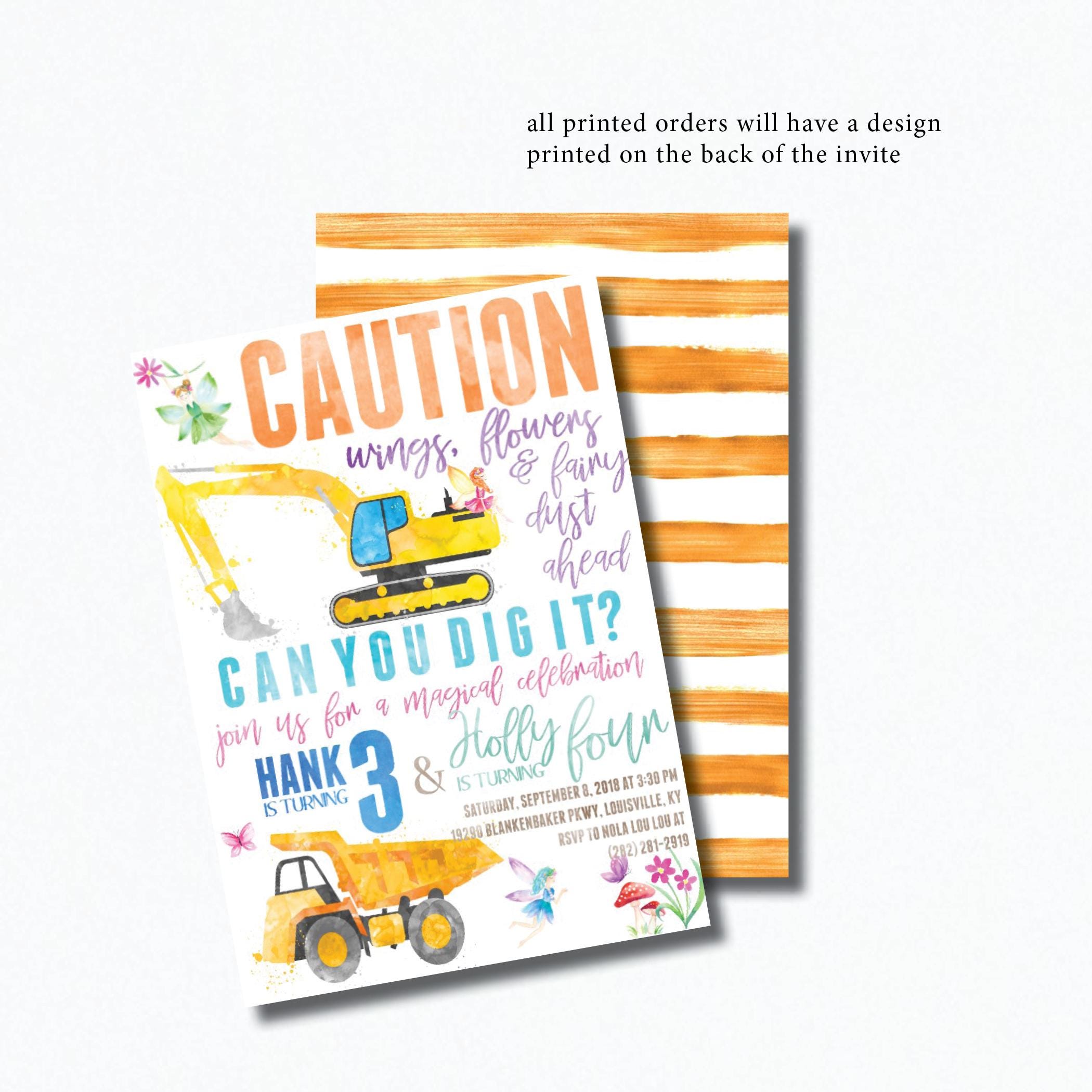 Construction Fairy Birthday Invitation: Joint Sibling Party