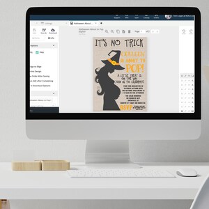 May include: A Halloween-themed baby shower invitation with a witch silhouette and the text "It's No Trick, Colleen is About to Pop!" The invitation is on a burlap background with orange and black accents.