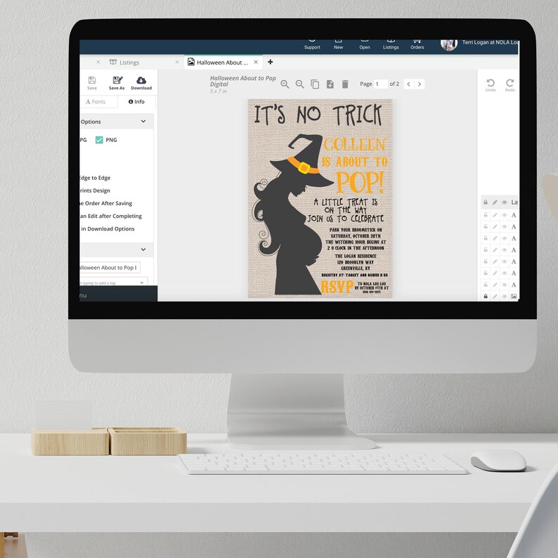 May include: A Halloween-themed baby shower invitation with a witch silhouette and the text "It's No Trick, Colleen is About to Pop!" The invitation is on a burlap background with orange and black accents.