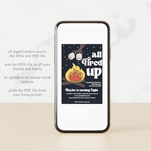 May include: A digital invitation for a birthday party with a campfire theme. The invitation features a cartoon campfire with marshmallows roasting over the flames. The text reads "All Fired Up" and "Baylor is turning Eight".