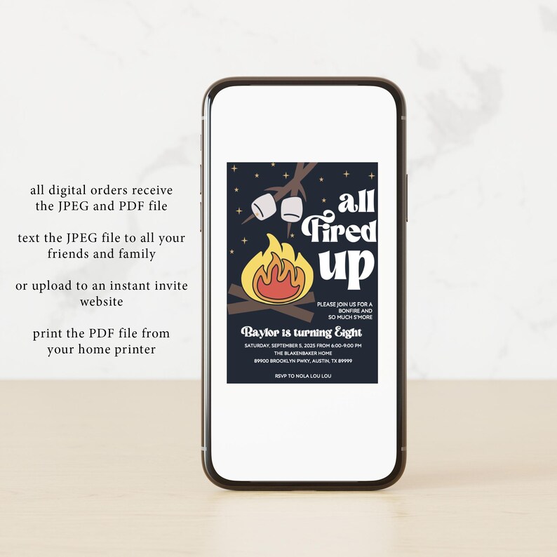 May include: A digital invitation for a birthday party with a campfire theme. The invitation features a cartoon campfire with marshmallows roasting over the flames. The text reads "All Fired Up" and "Baylor is turning Eight".