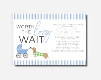 Dachshund Baby Shower Invitation: Blue Seersucker, Dog Theme (INSTANT DOWNLOAD)