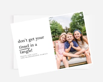Funny Family Photo Christmas Card: Tinsel in a Tangle, Matching Envelopes (Digital or Professionally Printed)