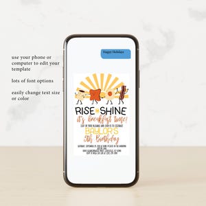 May include: A digital invitation for a 5th birthday party with a breakfast theme. The invitation features a cartoon illustration of a cup of coffee, a slice of toast, a fried egg, and a strip of bacon. The text reads "Rise & Shine it's breakfast time!" and "Baylor's 5th Birthday".
