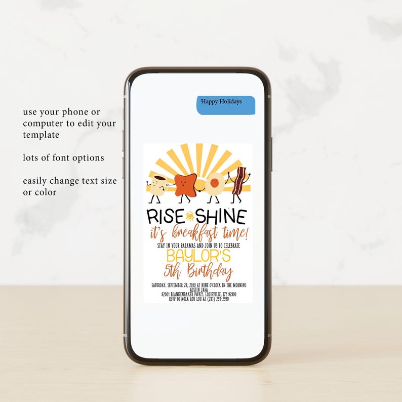 May include: A digital invitation for a 5th birthday party with a breakfast theme. The invitation features a cartoon illustration of a cup of coffee, a slice of toast, a fried egg, and a strip of bacon. The text reads "Rise & Shine it's breakfast time!" and "Baylor's 5th Birthday".
