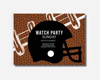 May include: A brown and white football helmet with a white football on top. The background is a brown football field pattern. The text on the invitation reads "Watch Party Sunday, Join us to celebrate 02.09.25 at 4:30 PM, The Logan House, 402 Rocky Spot Drive."