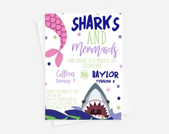 May include: Invitation to a Sharks and Mermaids themed birthday party for Colleen turning 4 and Baylor turning 8. The invitation features a cartoon shark and mermaid with a blue, green, purple, and pink color scheme.