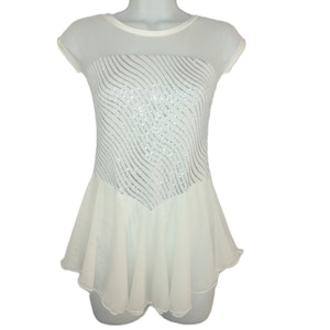 White/Silver Sparkle Figure Skating Dress, Cap Sleeves, Double Mesh Skirts, Scoop Neckline Womens & Child Sizes