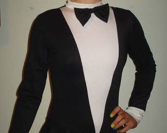 Tuxedo Figure Skating Dress-Womens or Girl Sizes-White & Pinstripe Textured or Solid Black-Removable Bow Tie, Cuffs, Zip Back, Roller Skate