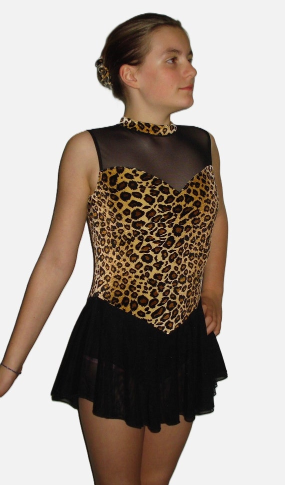 Figure Skating Dress, Girls and Ladies, Open Back, Leopard/Cheetah Velvet, Mesh or Solid Spandex & Attached Brief, Roller Skate