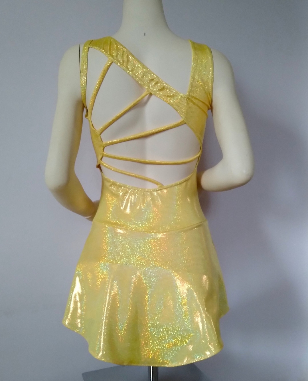 Burst of Sunshine Figure Skating Dress, Yellow Metallic Fabric, Adult