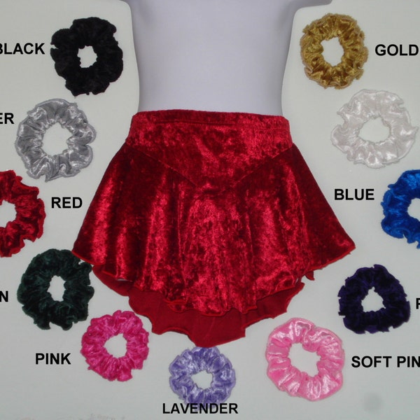 Girls Figure Roller Ice Skating Skirts Crushed Velvet Sizes XS S M & L Black White Blue Red Green Pink Purple Gold Silver Lavender