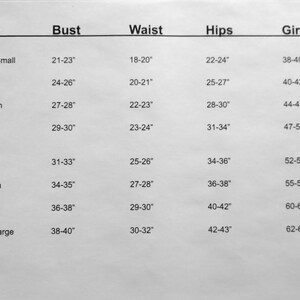 May include: A size chart with measurements for girls and adults. Measurements are in inches for bust, waist, hips, and girth. Sizes range from extra small to extra large.