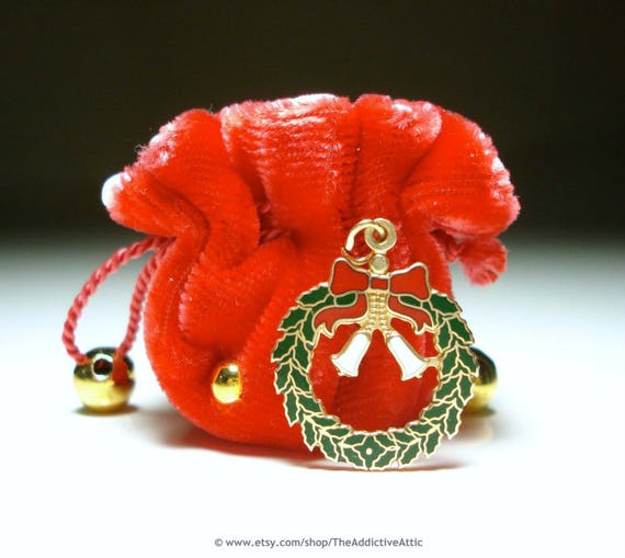 Solid Gold Christmas Charm - Enamel Wreath 14K Gold Charm in Velvet Pouch - Vintage 14kt Solid Yellow Gold (LAYAWAY Available)