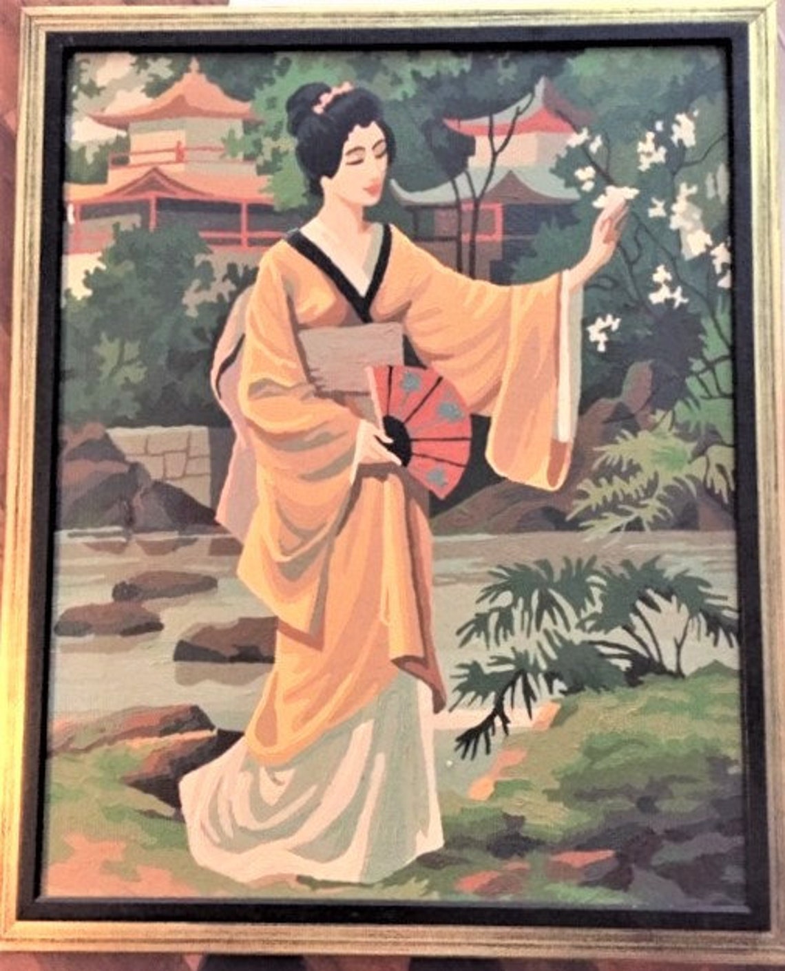 Two Asian Vintage PaintbyNumber Framed Paintings 22 Etsy