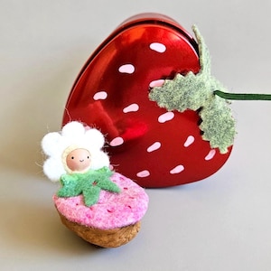 Tiny Blossom Baby with Pixie Pink Strawberry Bed in Red Strawberry Tin - Choose One - Felt Bendy Doll and Walnut Shell Bed in Metal Box
