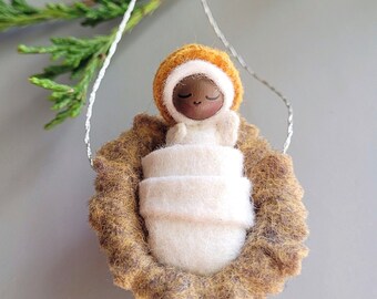 Tiny Baby - Holy Infant and Walnut Shell Manger Hanging Ornament - Hand stitched Miniature Bendy Doll in Felt