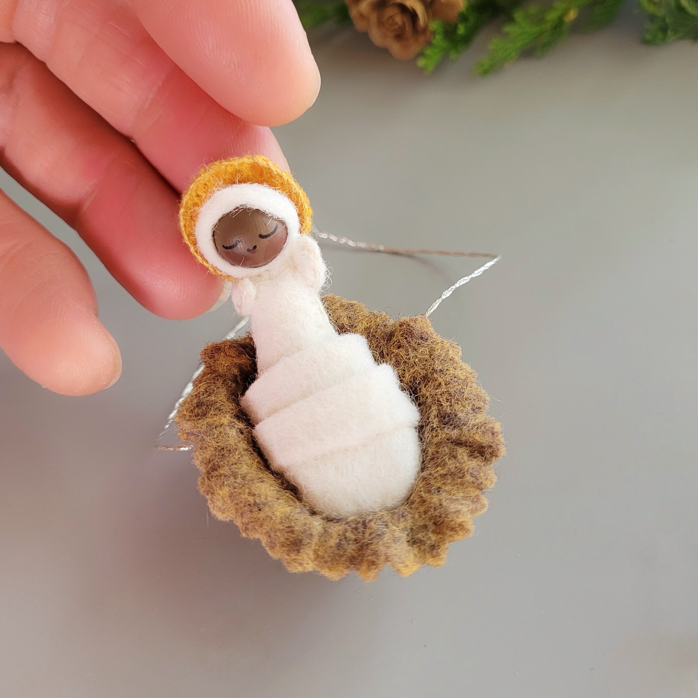Tiny Baby - Holy Infant and Walnut Shell Manger Hanging Ornament