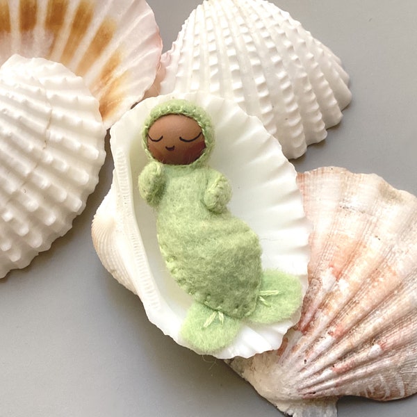 Tiny Mermaid Baby 2 Inches Long with Medium Brown Skin Tone - Choose Felt Color for Custom Made Miniature Bendy Doll with Optional Shell Bed