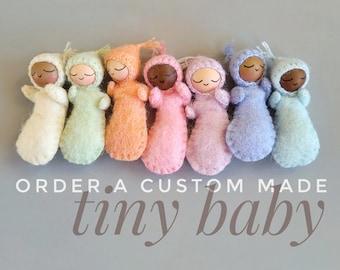 Tiny Baby Doll 2 Inches Long - Custom Made - Choose Skin Tone and Felt Color for Miniature Bendy Doll with Sleeping Eyes by Monteserena Arts