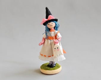 Mini Witch Art Doll on Magnetic Stand with Blue Hair and Ghost Trick or Treat Bag - 3 Inch OOAK Bendy Doll for Halloween Collection