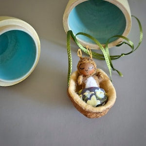 Miniature Baby Rabbit in Nutshell Ornament Tiny Felt Bunny Doll Comes Out of Hanging Walnut Cradle Optional Yellow Wood Egg for Gifting image 4