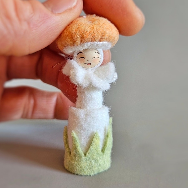 Happy Mushroom Doll - 2 Inch Bendy Shroom Baby with Pastel Orange Amanita Cap and Removable Stem Stand Made of Felt for Mothers Day Gift