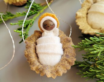 Tiny Baby - Holy Infant and Walnut Shell Manger Hanging Ornament