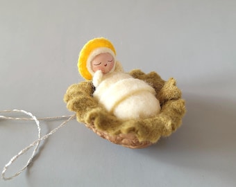 Tiny Holy Baby Doll in a Walnut Shell Manger - Hanging Ornament - Miniature Stitched Felt Bendy Doll and Bed