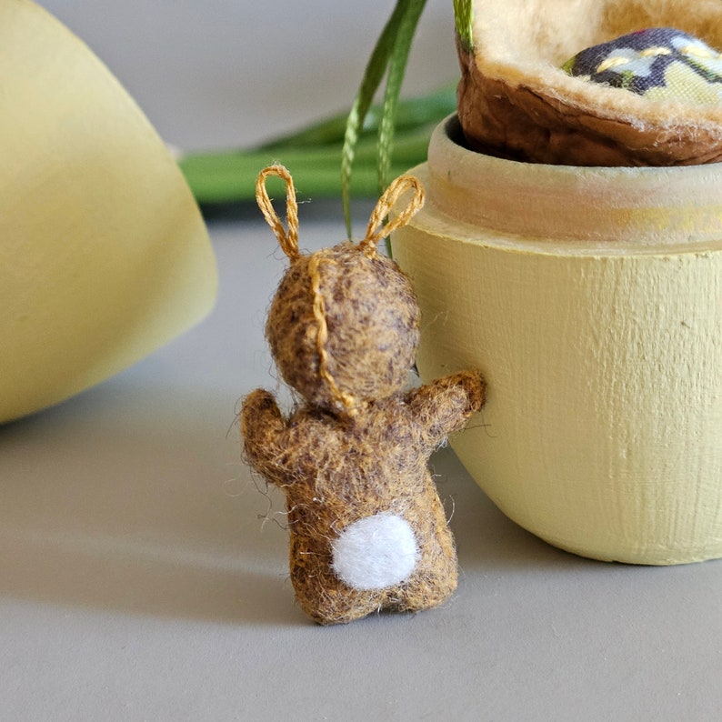 Miniature Baby Rabbit in Nutshell Ornament Tiny Felt Bunny Doll Comes Out of Hanging Walnut Cradle Optional Yellow Wood Egg for Gifting image 3