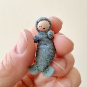 Tiny Mermaid Baby 2 Inches Long with Light Skin Tone - Choose Felt Color and Have a Miniature Bendy Doll Made for You - Optional Shell Bed
