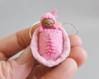 Tiny Baby Doll and Walnut Hanging Ornament - Pastel Pink and Gold Embroidered Baby Cradle for Advent / Babys First Christmas / New Parents