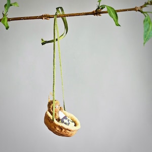 Miniature Baby Rabbit in Nutshell Ornament Tiny Felt Bunny Doll Comes Out of Hanging Walnut Cradle Optional Yellow Wood Egg for Gifting image 6