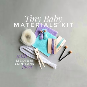 Tiny Baby Supply Kit with Medium Skin Tone Faces DIY Sewing Craft Materials and Needle Included for 2 Dolls Pattern Not Included image 1