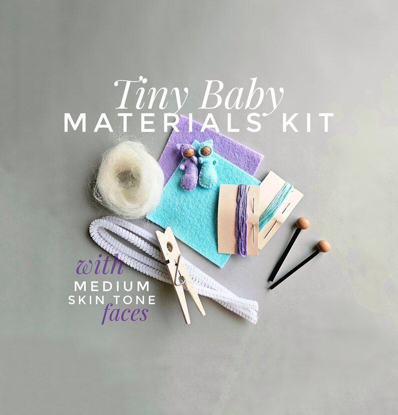 Tiny Baby Supply Kit with Medium Skin Tone Faces DIY Sewing Craft Materials and Needle Included for 2 Dolls Pattern Not Included image 1