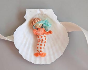 Mini Mermaid Art Doll with Scallop Shell - 2 Inch Bendy Doll - OOAK Merbaby in Orange Dots with Sea Urchin Hat and Aqua Hair - Gift Boxed