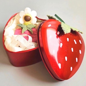Tiny Blossom Baby with Pink Rose Strawberry Bed in Red Strawberry Tin - Choose One Made to Order - Felt Bendy Doll and Walnut Shell Bed