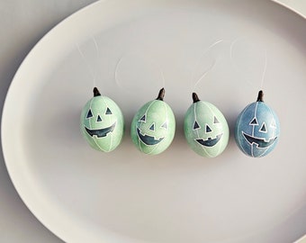 Pumpkin Ornaments - Real Eggs Mottled Light Green and Blue  - Choose One Batik Dyed and Etched Blown Egg for Halloween - Wax and Wire Stem