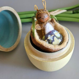 Miniature Baby Rabbit in Nutshell Ornament Tiny Felt Bunny Doll Comes Out of Hanging Walnut Cradle Optional Yellow Wood Egg for Gifting image 5