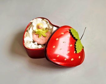 Tiny Baby Doll in Strawberry Bed and Tin - Blush Pink Felt, Custom Skin Tone