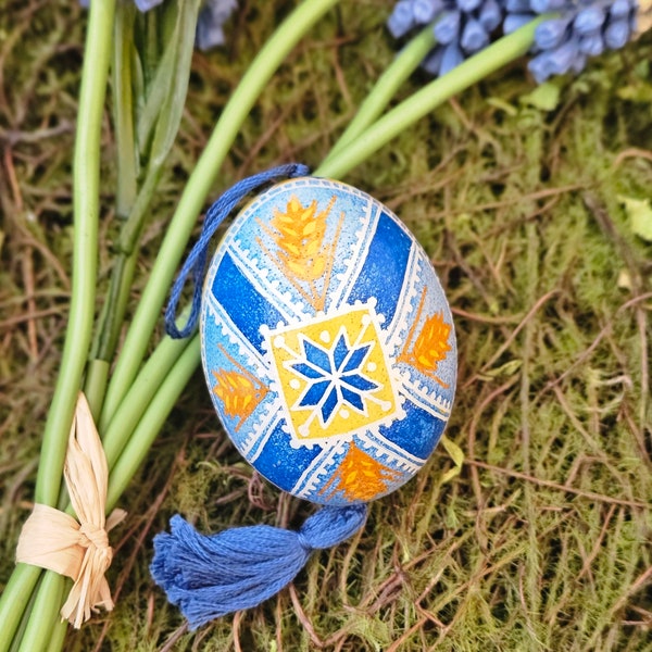 Spring Egg Hanging Ornament in Ukrainian Pysanky Tradtition - Blue and Yellow Star and Wheat Design - Made with Wax Resist and Dye