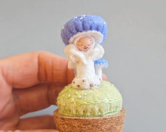 Mini Mushroom Art Doll Glass Jar Topper - 1 3/4 Inch Bendy Felt Fantasy Doll Set in Mushroom Cluster on Cork Stopper and 2 1/4 Inch Jar