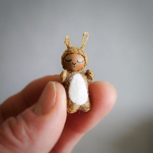 Miniature Baby Rabbit in Nutshell Ornament Tiny Felt Bunny Doll Comes Out of Hanging Walnut Cradle Optional Yellow Wood Egg for Gifting image 2