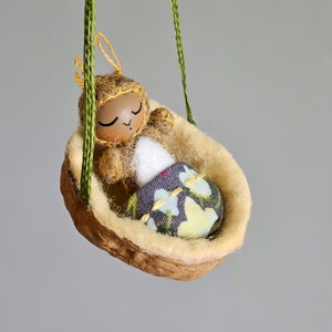 Miniature Baby Rabbit in Nutshell Ornament Tiny Felt Bunny Doll Comes Out of Hanging Walnut Cradle Optional Yellow Wood Egg for Gifting image 1