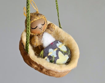 Miniature Baby Rabbit in Nutshell Ornament - Tiny Felt Bunny Doll Comes Out of Hanging Walnut Cradle - Optional Yellow Wood Egg for Gifting