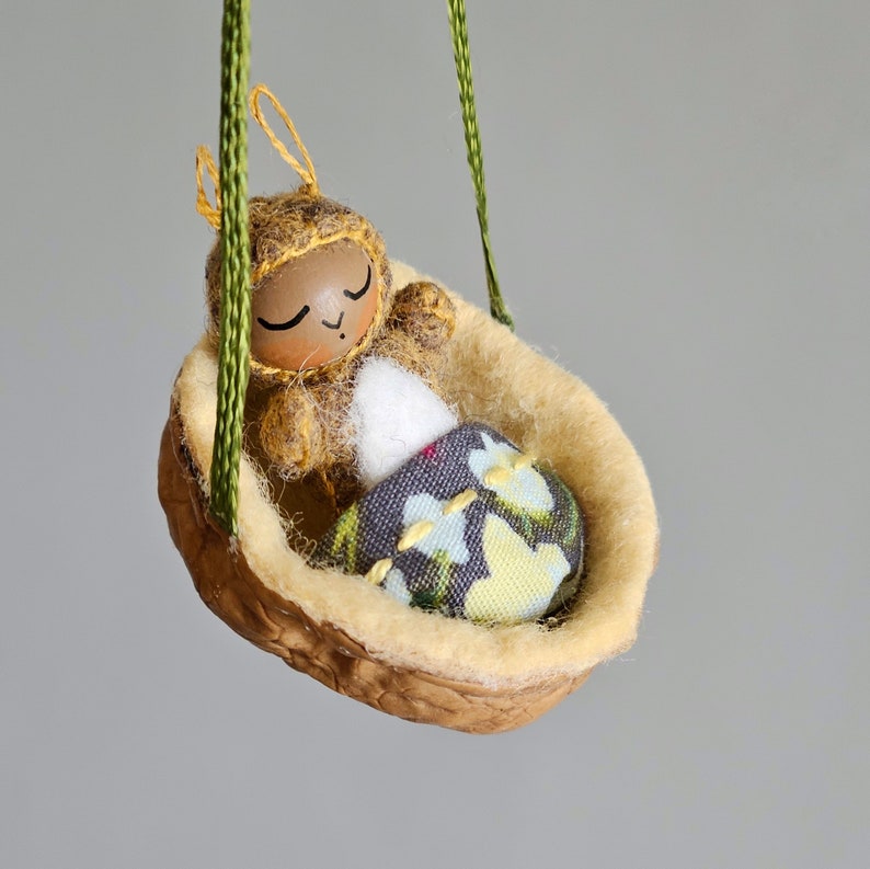 Miniature Baby Rabbit in Nutshell Ornament Tiny Felt Bunny Doll Comes Out of Hanging Walnut Cradle Optional Yellow Wood Egg for Gifting image 1