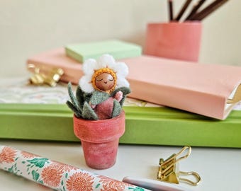 Tiny Daisy Felt Doll – Flower Pot Miniature, Gift Wrapped