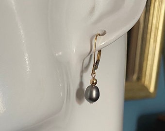 Black Freshwater Pearl Drop Earrings: 14k Yellow Gold Filled Leverbacks