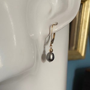 Black pearl earrings, 14k yellow gold filled lever backs, dangle earrings, freshwater pearls, June birthstone