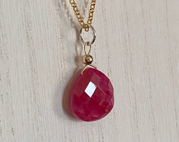 Bright red genuine Ruby pendant on a 18” yellow gold filled rolo link chain. * July’s birthstone